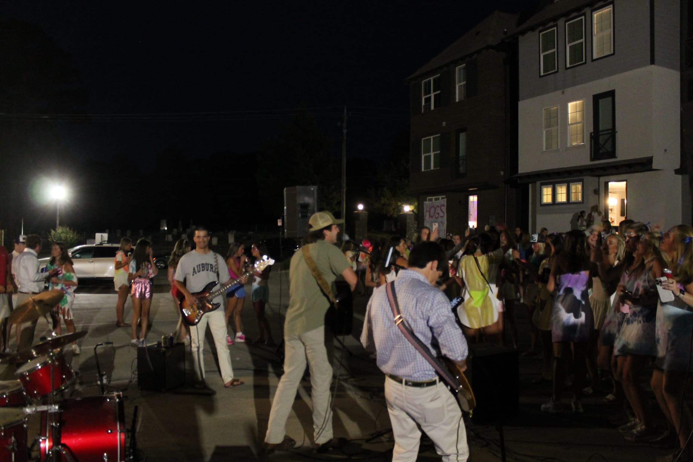 Greyhound playing a night show for a packed crowd